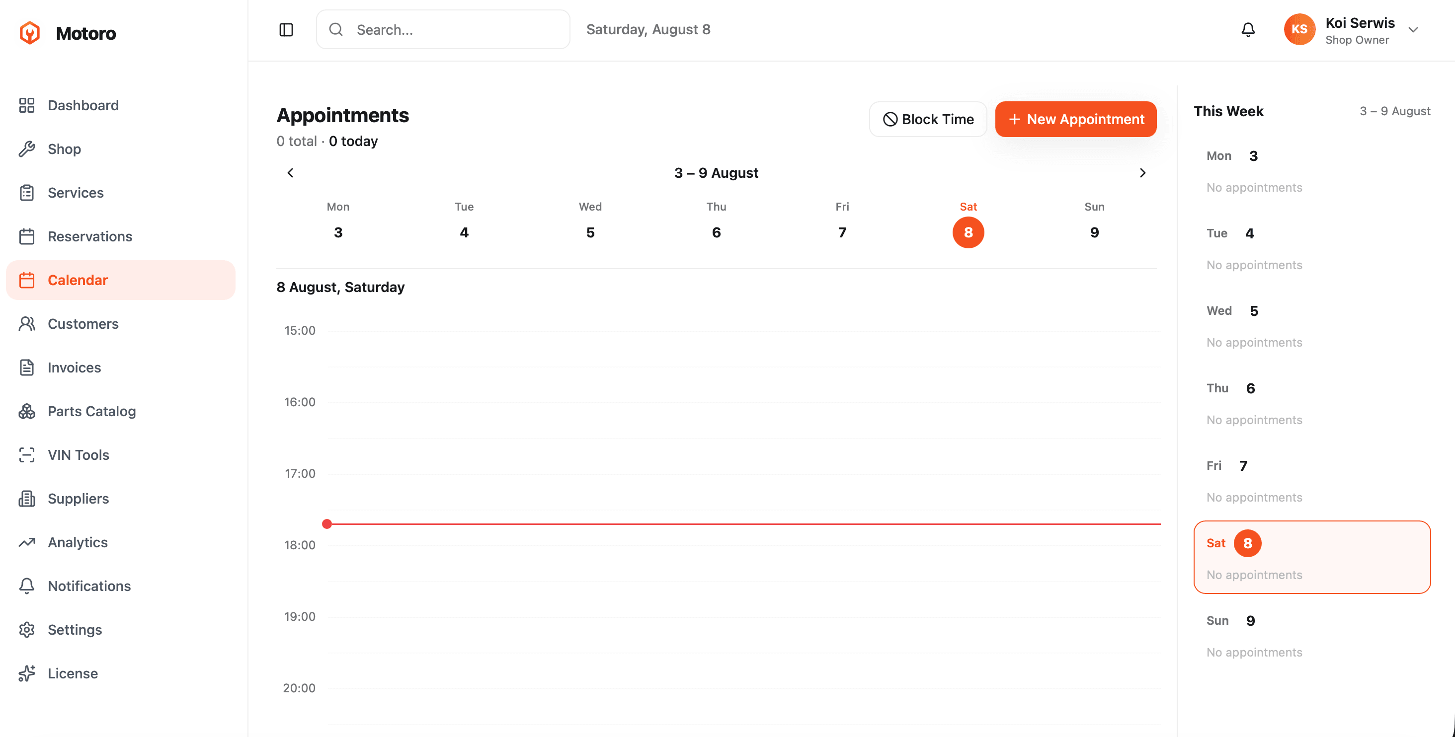 Motoro weekly appointments calendar with time slots and day summary sidebar