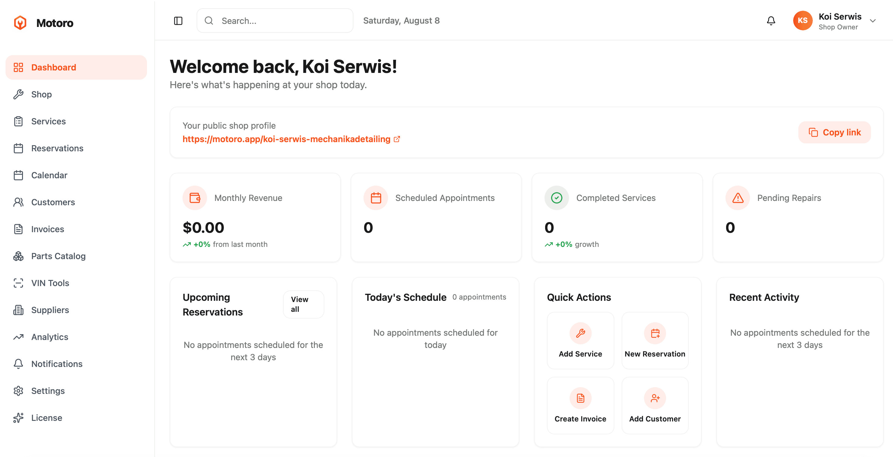 Motoro workshop dashboard overview with revenue, appointments and quick actions
