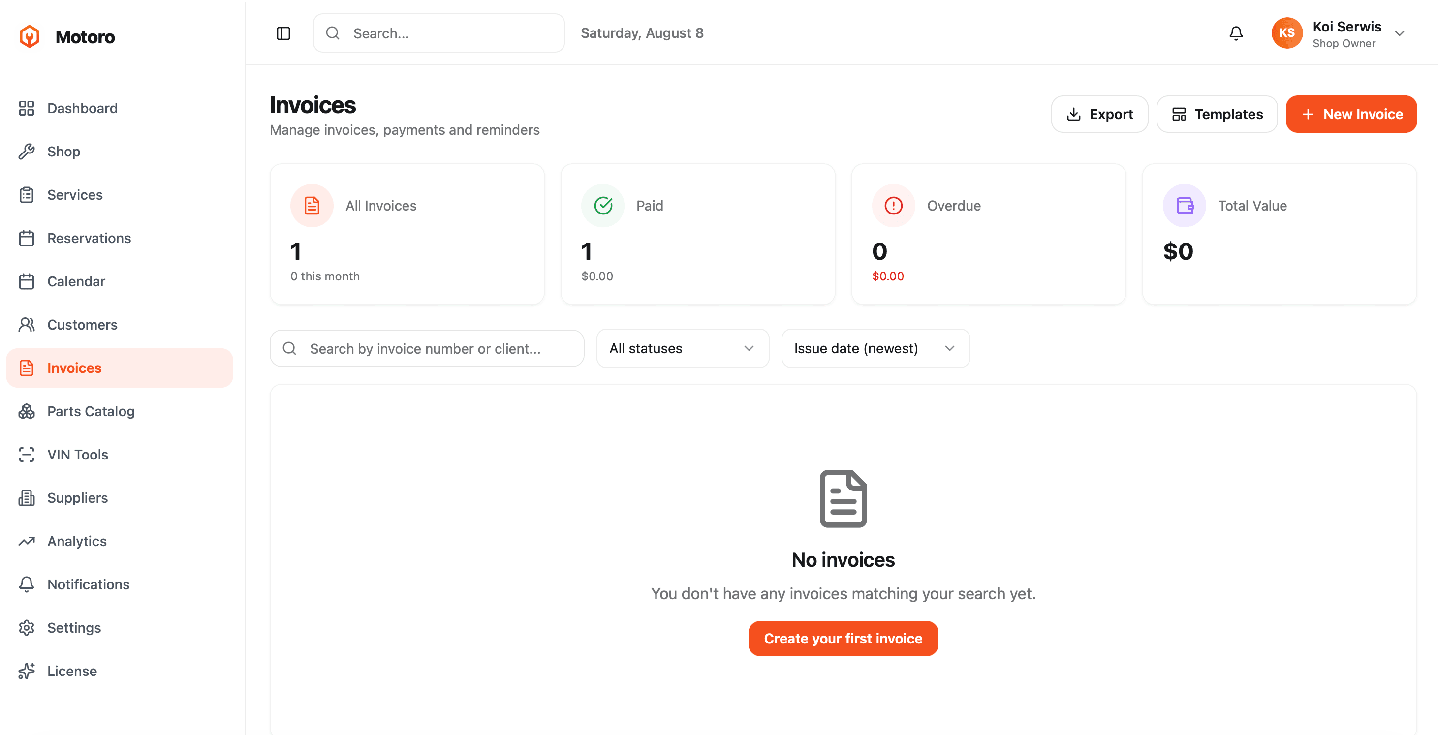 Motoro invoices page with invoice stats, filters and invoice list