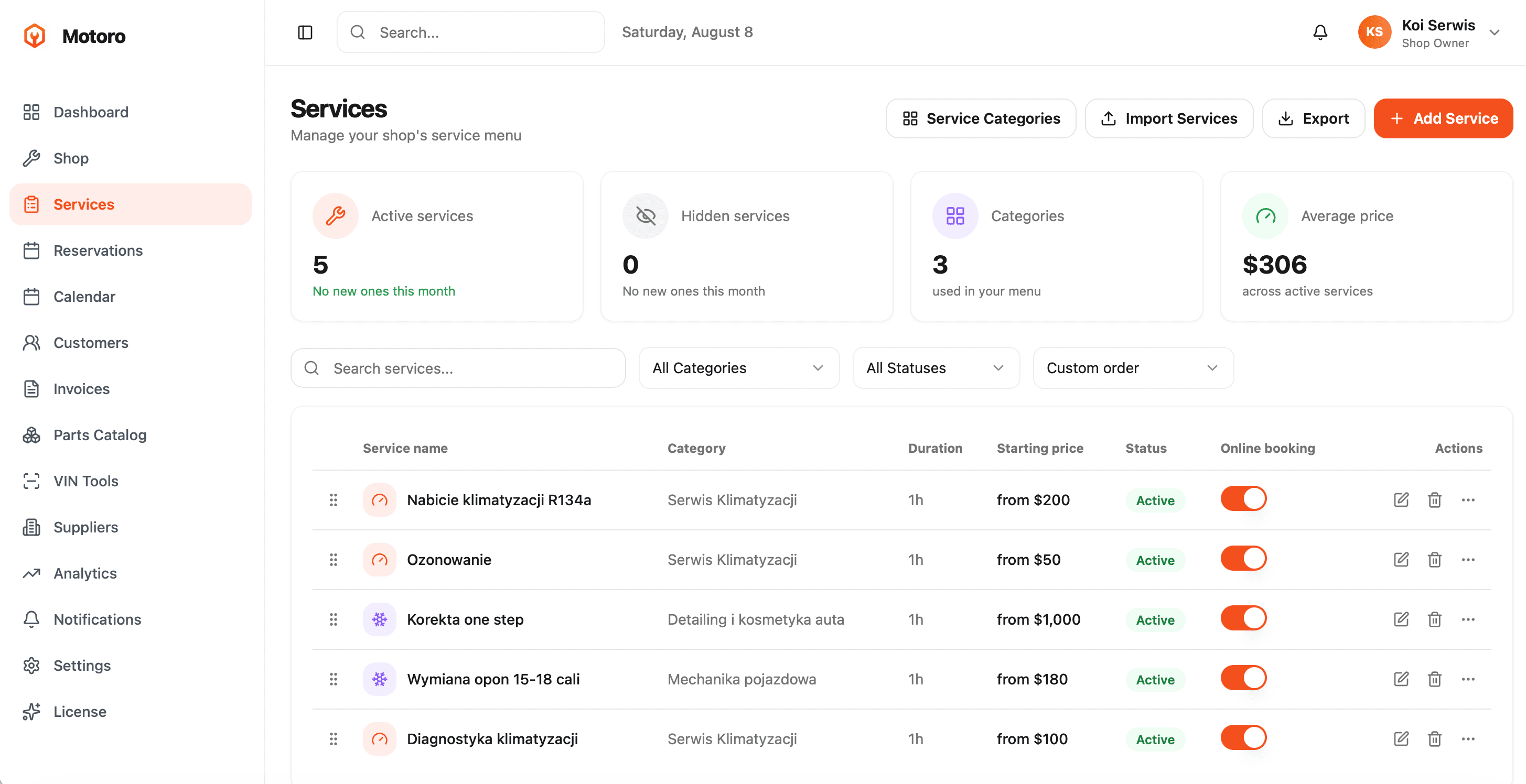 Motoro services page listing service menu with prices, categories and booking toggles