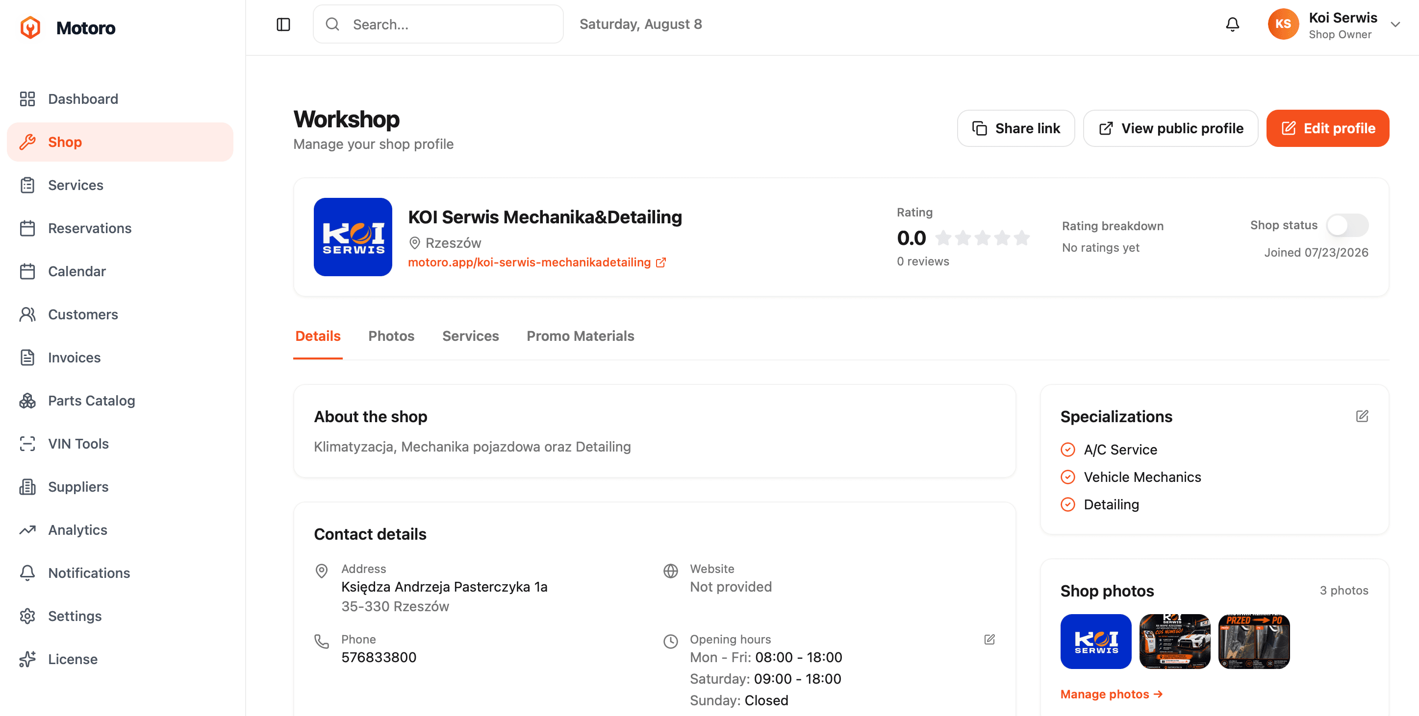 Motoro workshop profile page with business details, specializations and photos